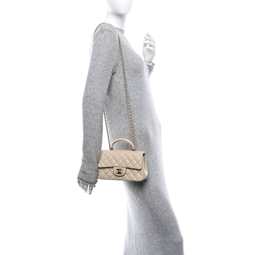 Lambskin Quilted Mini Top Handle Rectangular Flap Beige