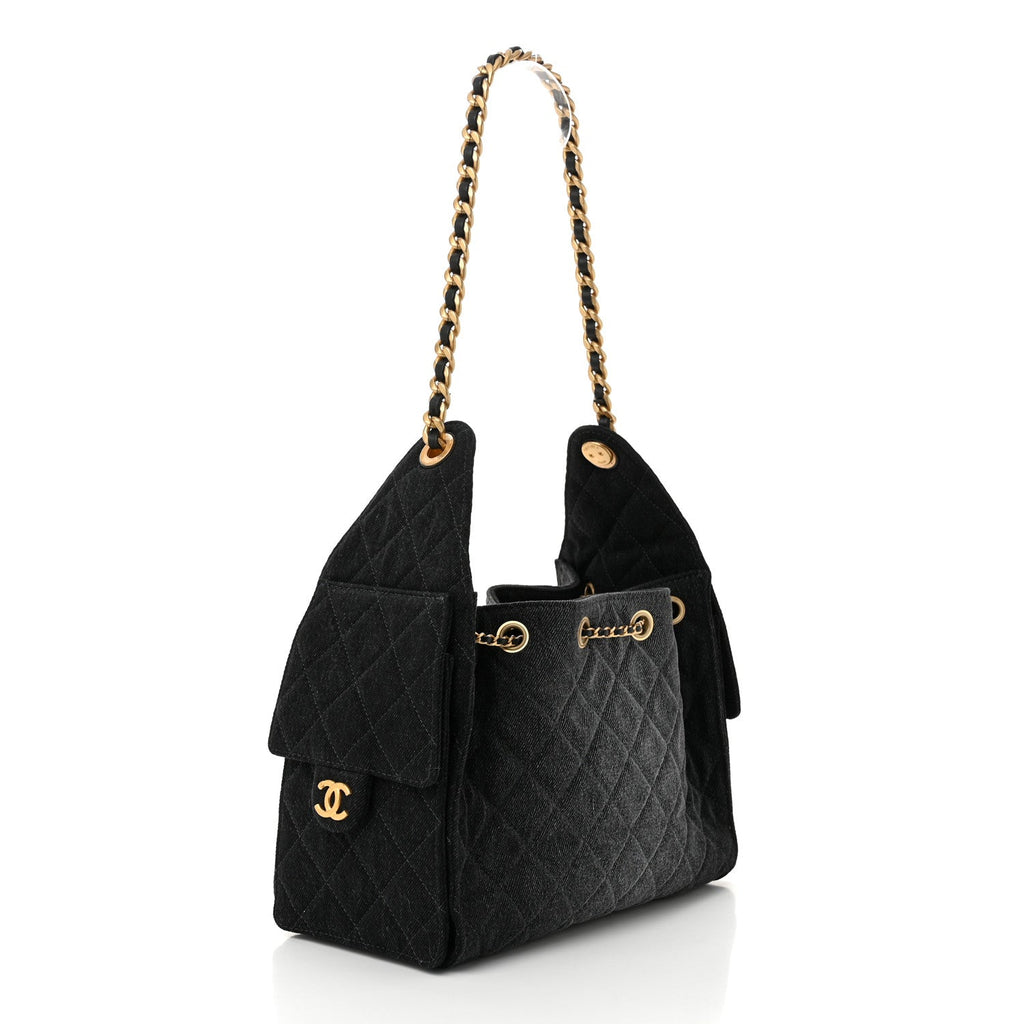 Washed Denim Quilted Small Chanel 25 Handbag Black