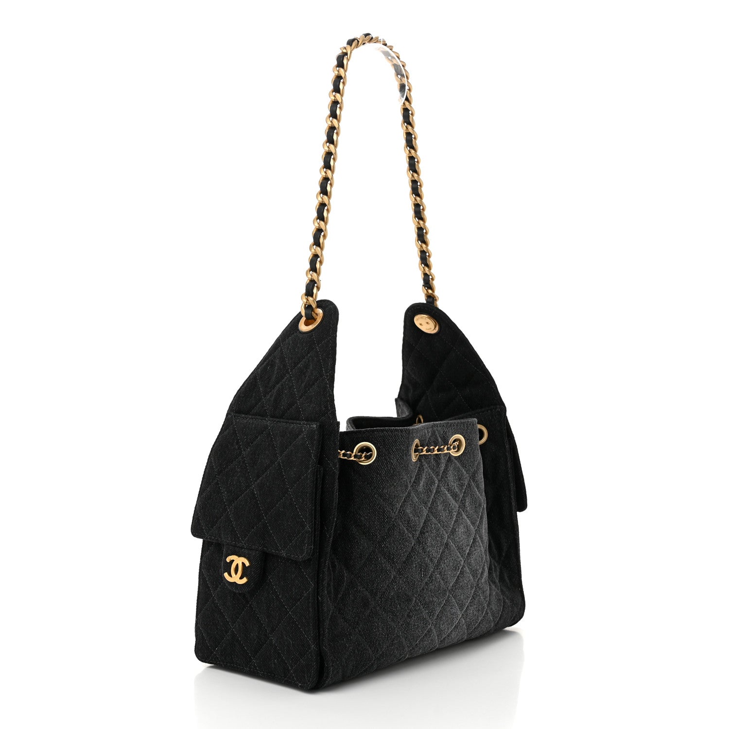 Washed Denim Quilted Small Chanel 25 Handbag Black