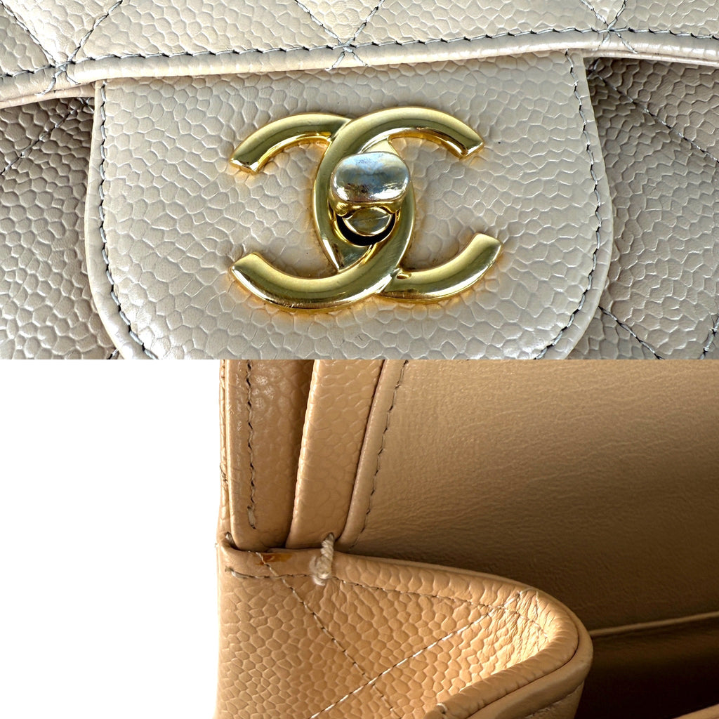 CHANEL Light Beige Caviar Jumbo Quilted Gold Hardware Classic Double Flap Bag