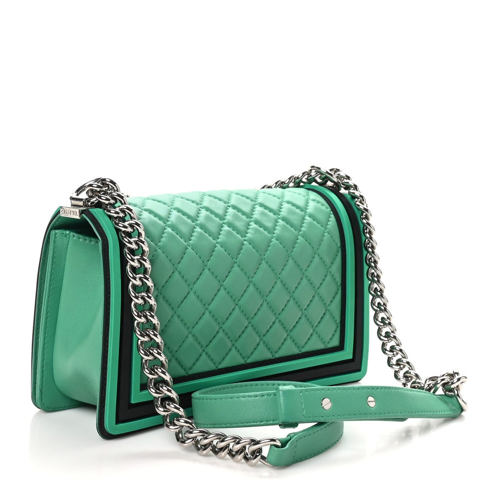 Lambskin Rubber Quilted Medium Two Tone Boy Flap Green Black