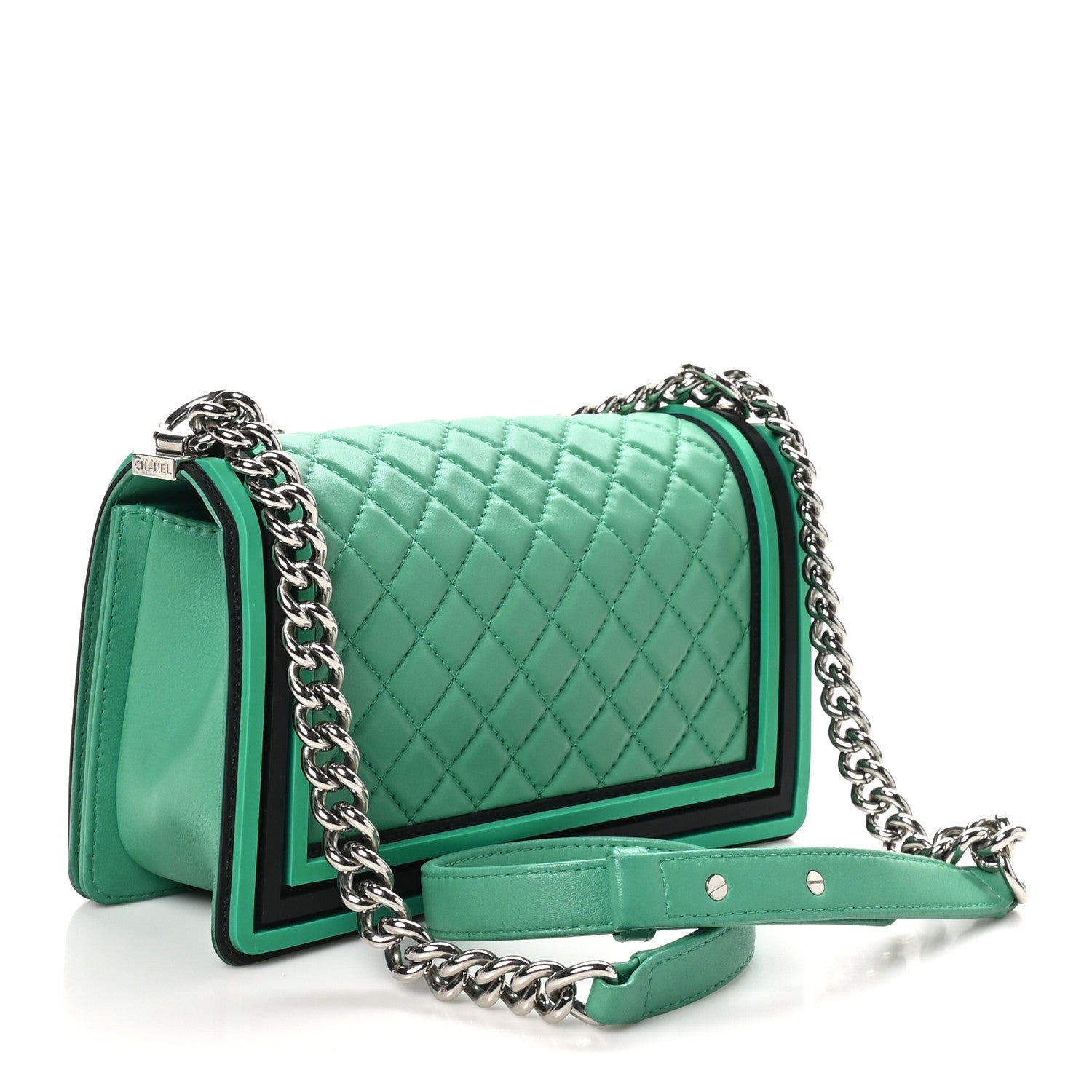 Lambskin Rubber Quilted Medium Two Tone Boy Flap Green Black