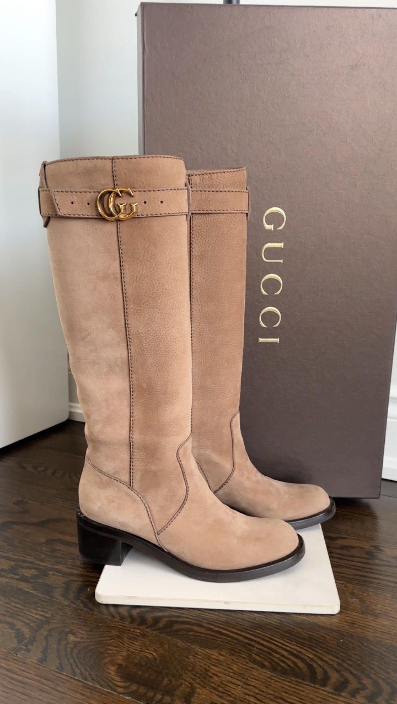 Gucci Taupe Brown Nubuck Leather Tall Boots with GG Logo - 36.5