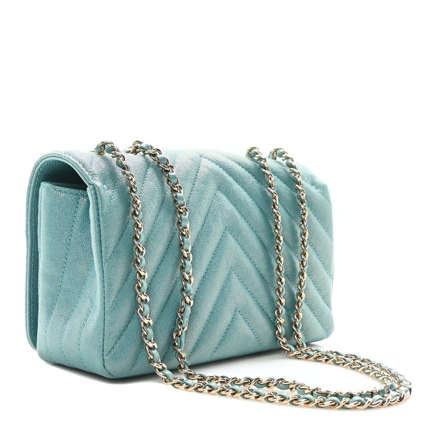 Metallic Caviar Chevron Quilted Small Statement Flap Turqouise