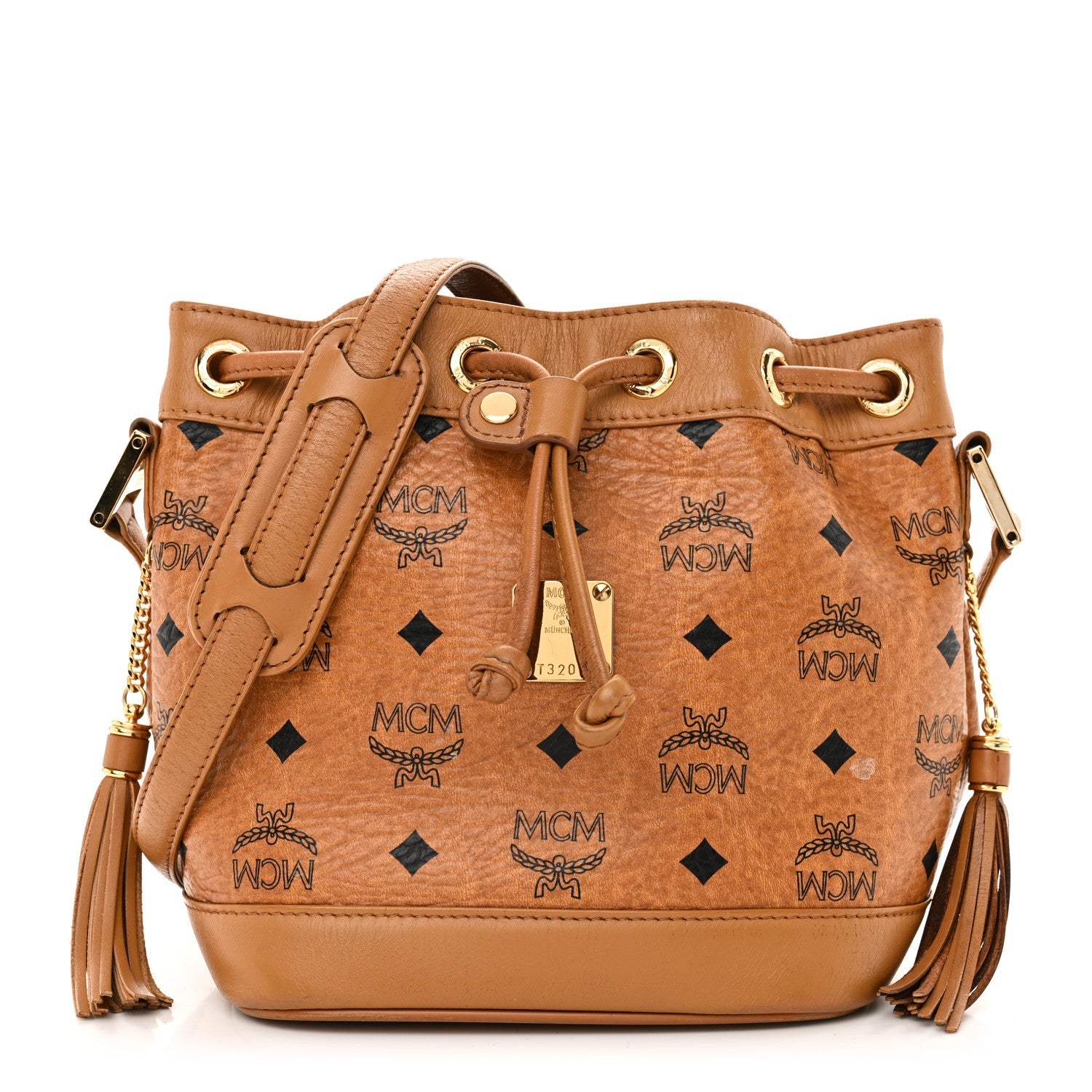 Visetos Mini Drawstring Tassel Bucket Bag Cognac