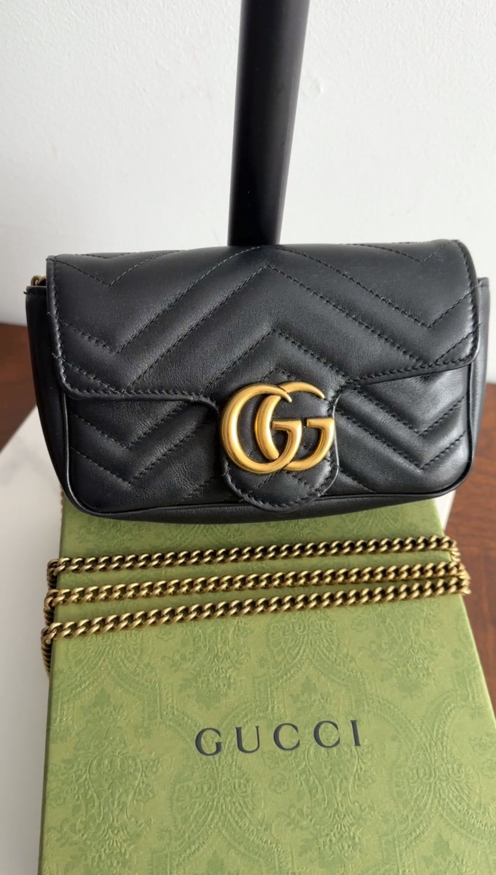 Gucci Marmont Super Mini Black Leather Crossbody Chain Bag