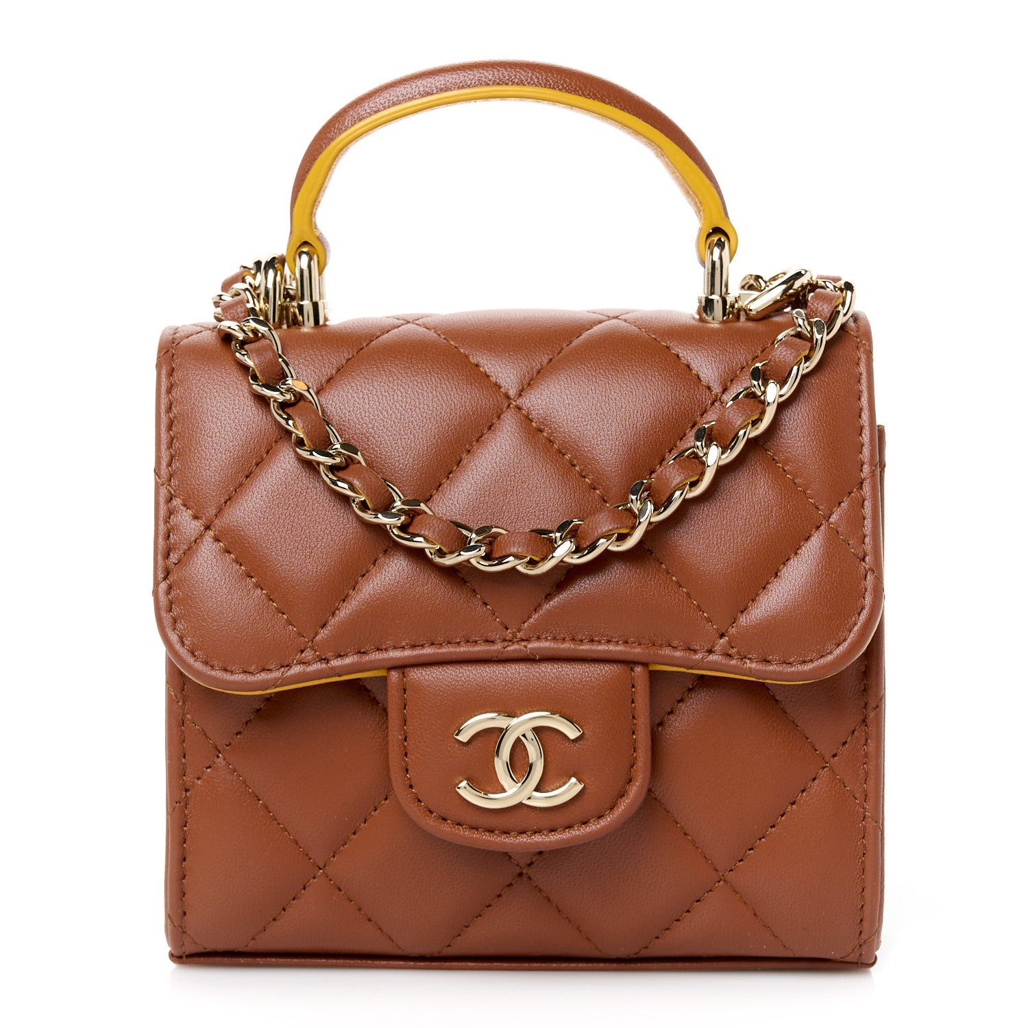 Lambskin Quilted Top Handle Flap Clutch With Chain Brown Yellow