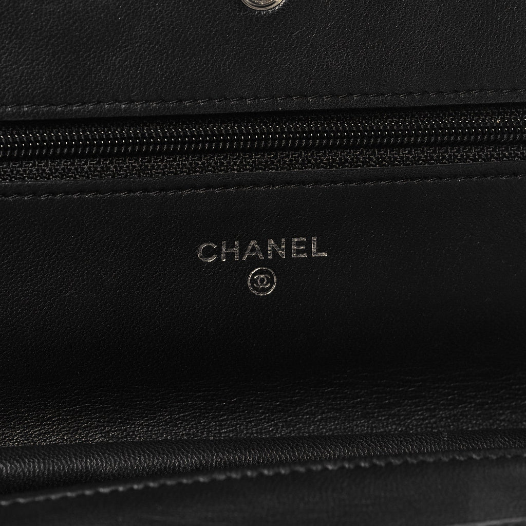 Lambskin Camellia Embossed Wallet On Chain WOC Black