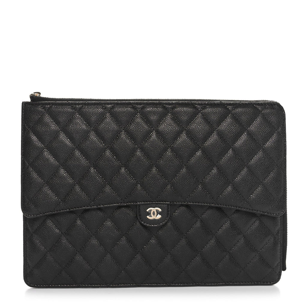 Caviar Quilted Large Flap Zip Clutch Black