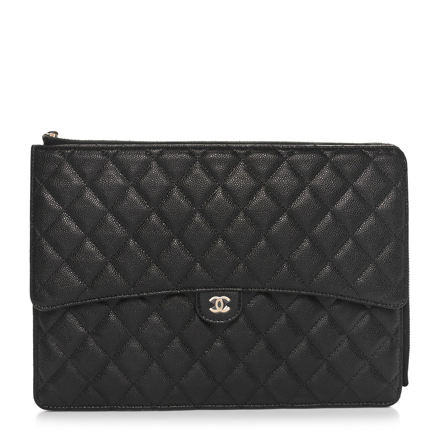 Caviar Quilted Large Flap Zip Clutch Black