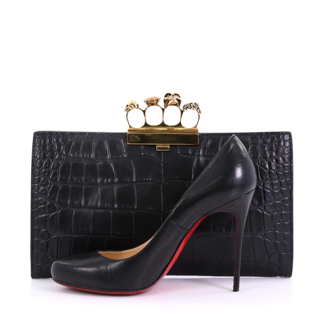 Flat Knuckle Clutch Crocodile Embossed Leather Medium