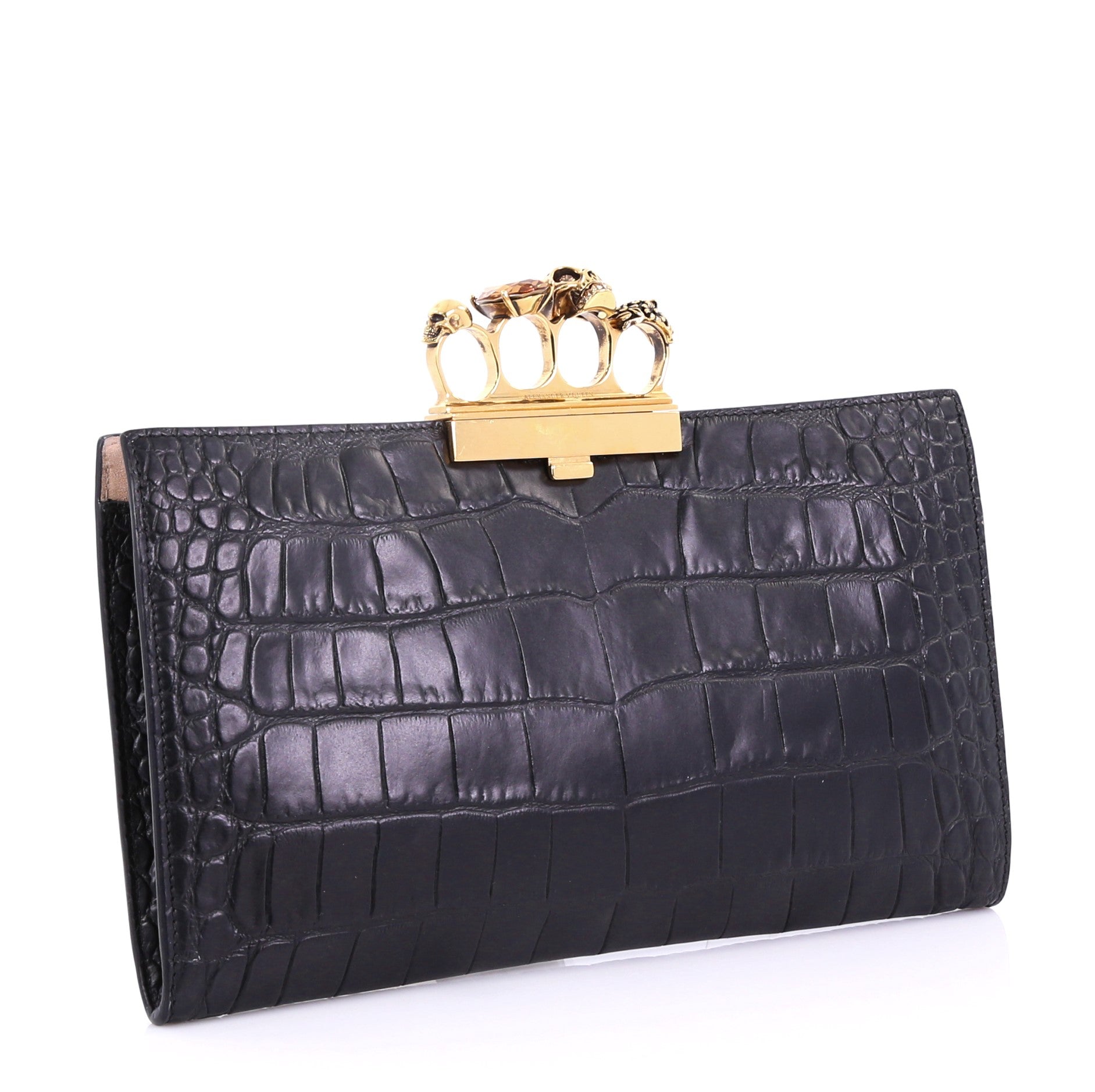 Flat Knuckle Clutch Crocodile Embossed Leather Medium