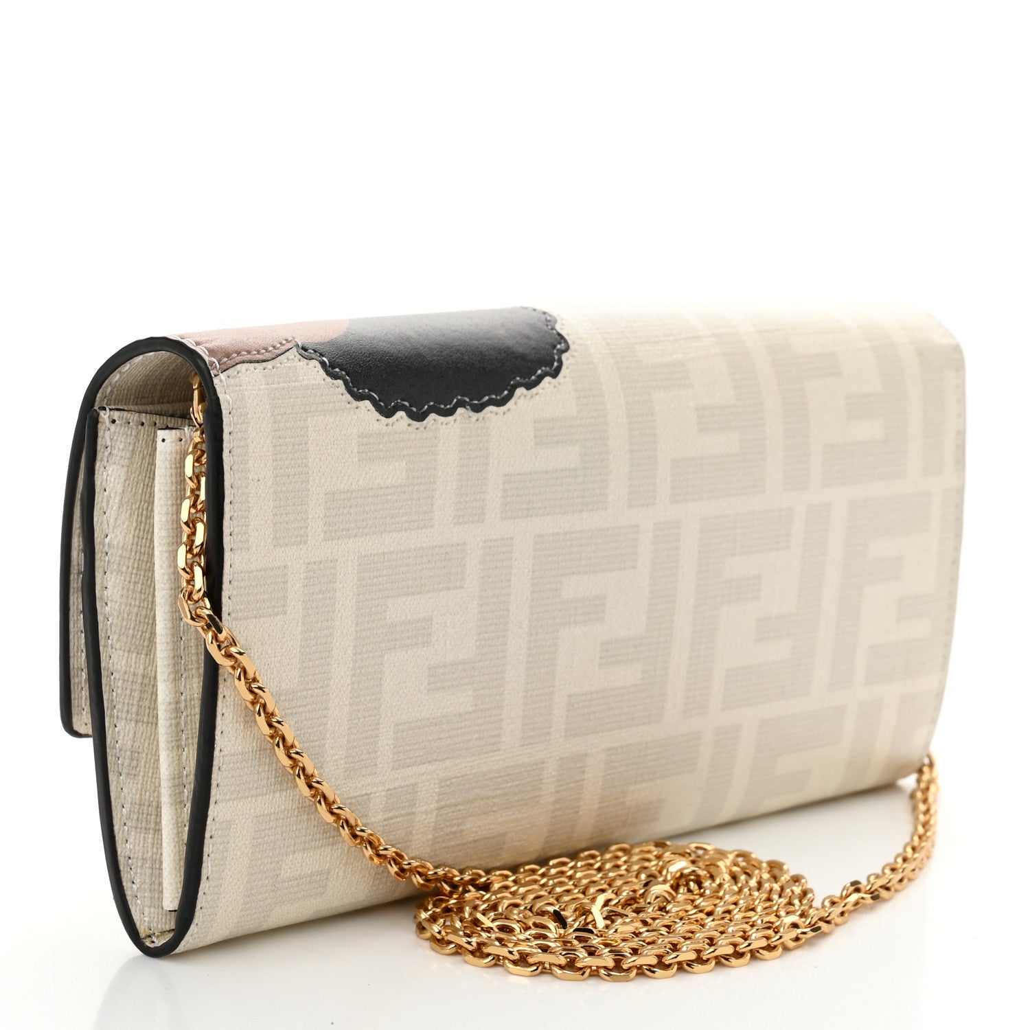 Glazed Fabric Vitello Liberty FF Logo Bikini Girls Inlay Continental Wallet On Chain Bianco Perla Multicolor