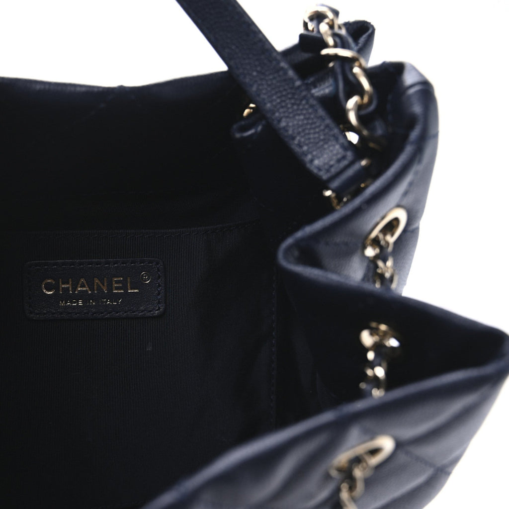 Caviar Quilted Large Rolled Up Bucket Drawstring Bag Navy