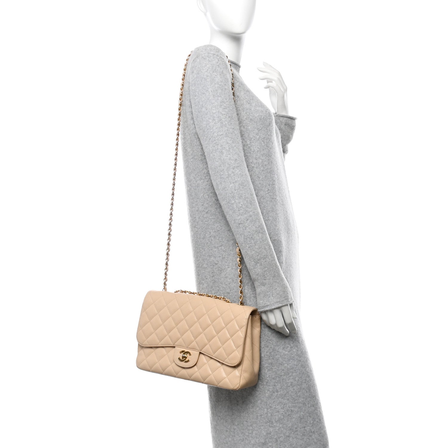 Caviar Quilted Jumbo Single Flap Beige