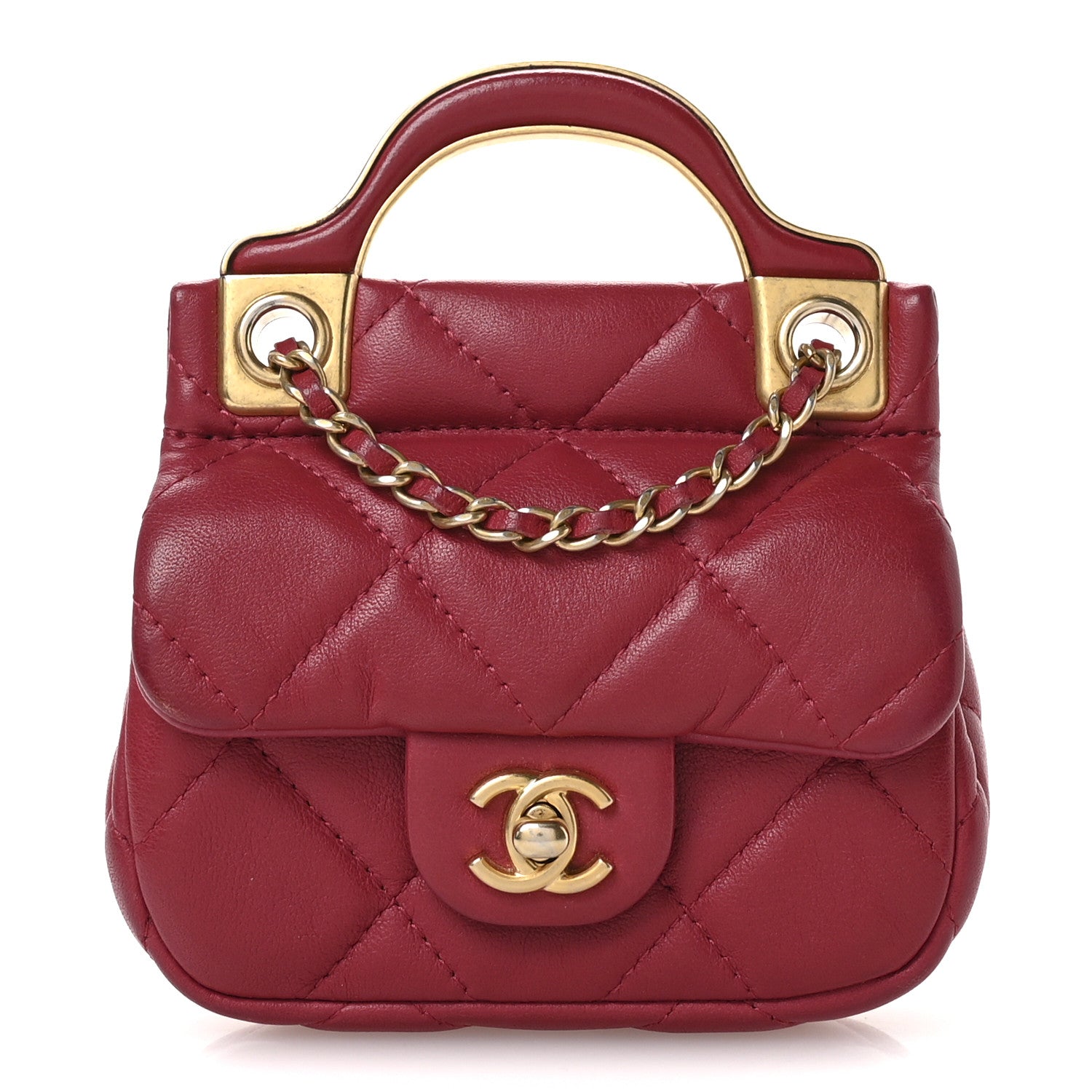 Calfskin Quilted Lady Handle Flap  Holder With Chain Dark Pink
