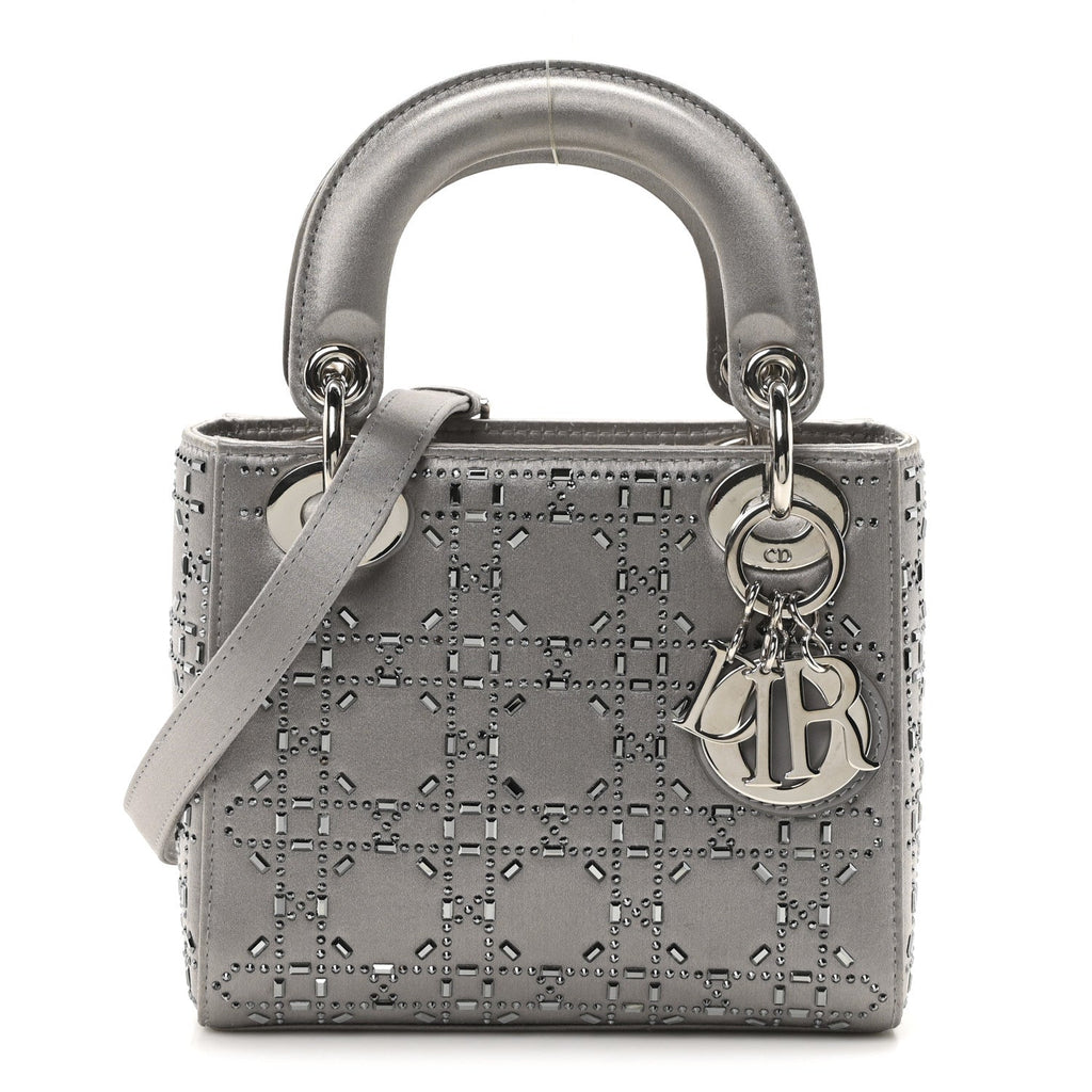 Satin Crystal Cannage Mini Lady Dior Gray