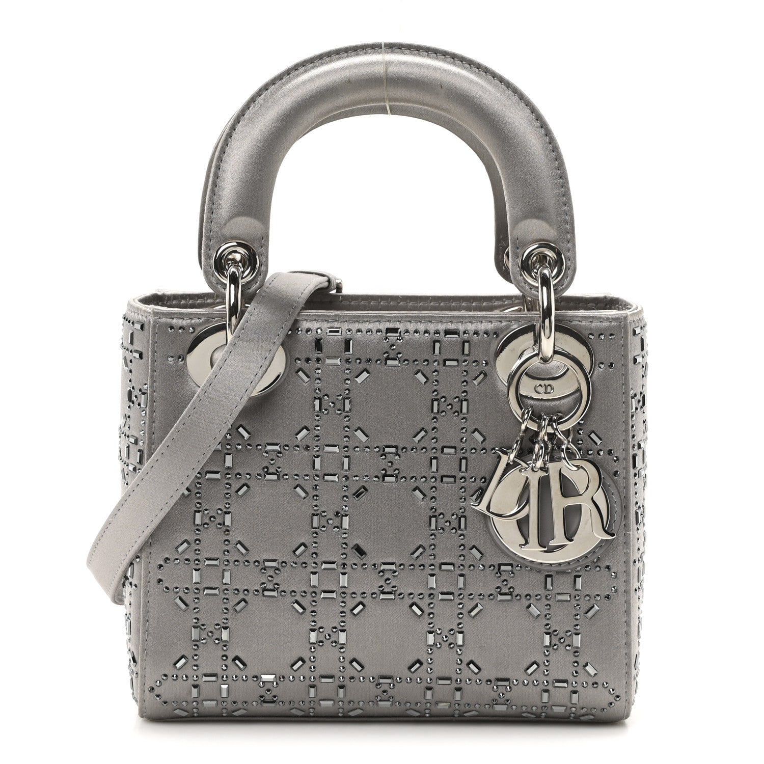 Satin Crystal Cannage Mini Lady Dior Gray