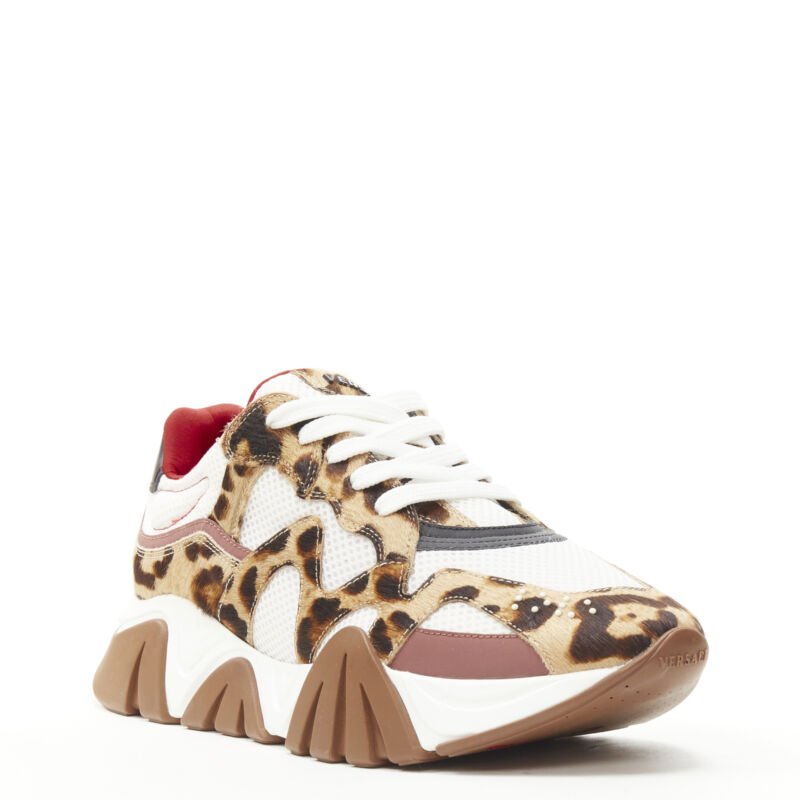 Men's Versace Squalo leopard calfskin mesh chunky sneakers