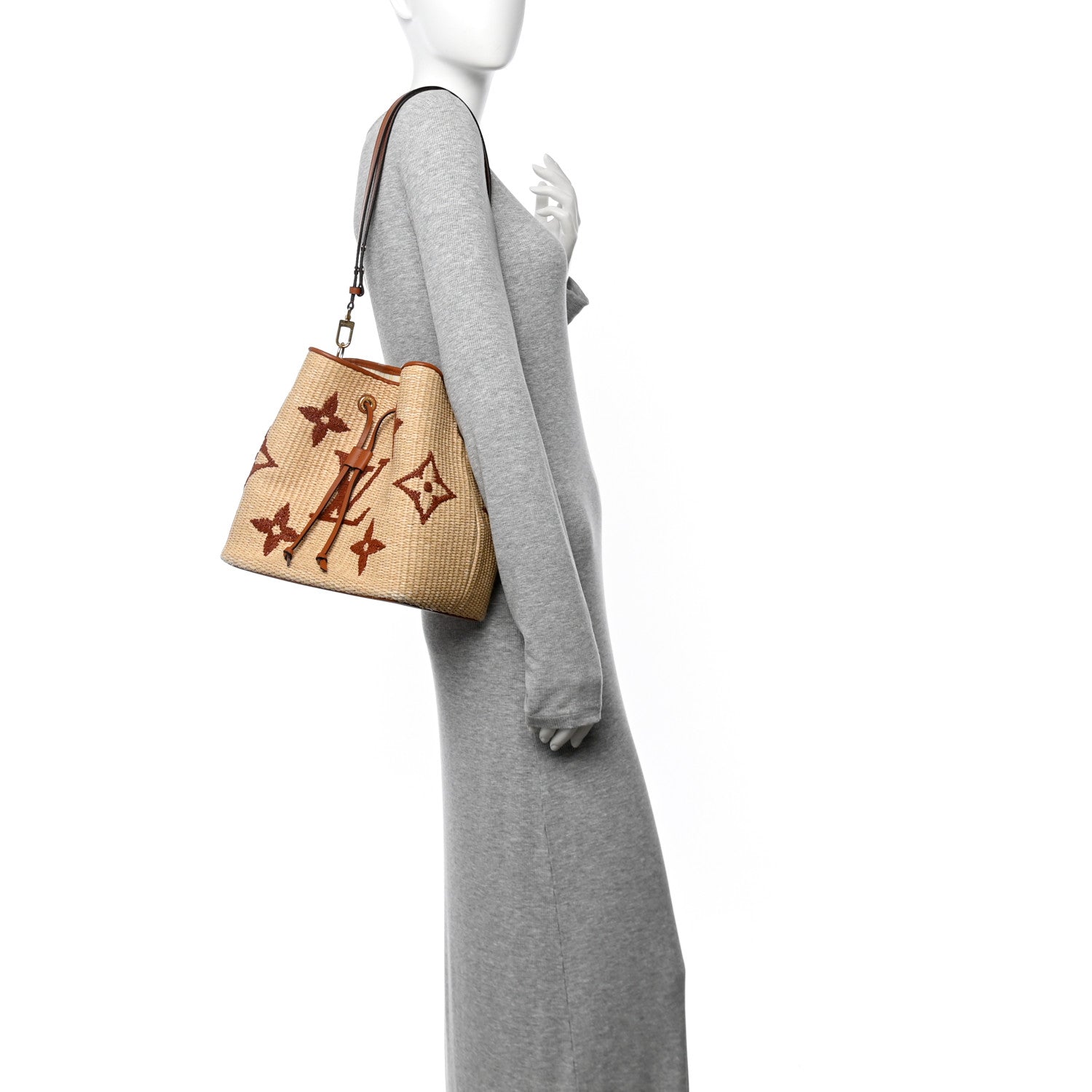 Raffia Calfskin Monogram Neonoe MM Tan