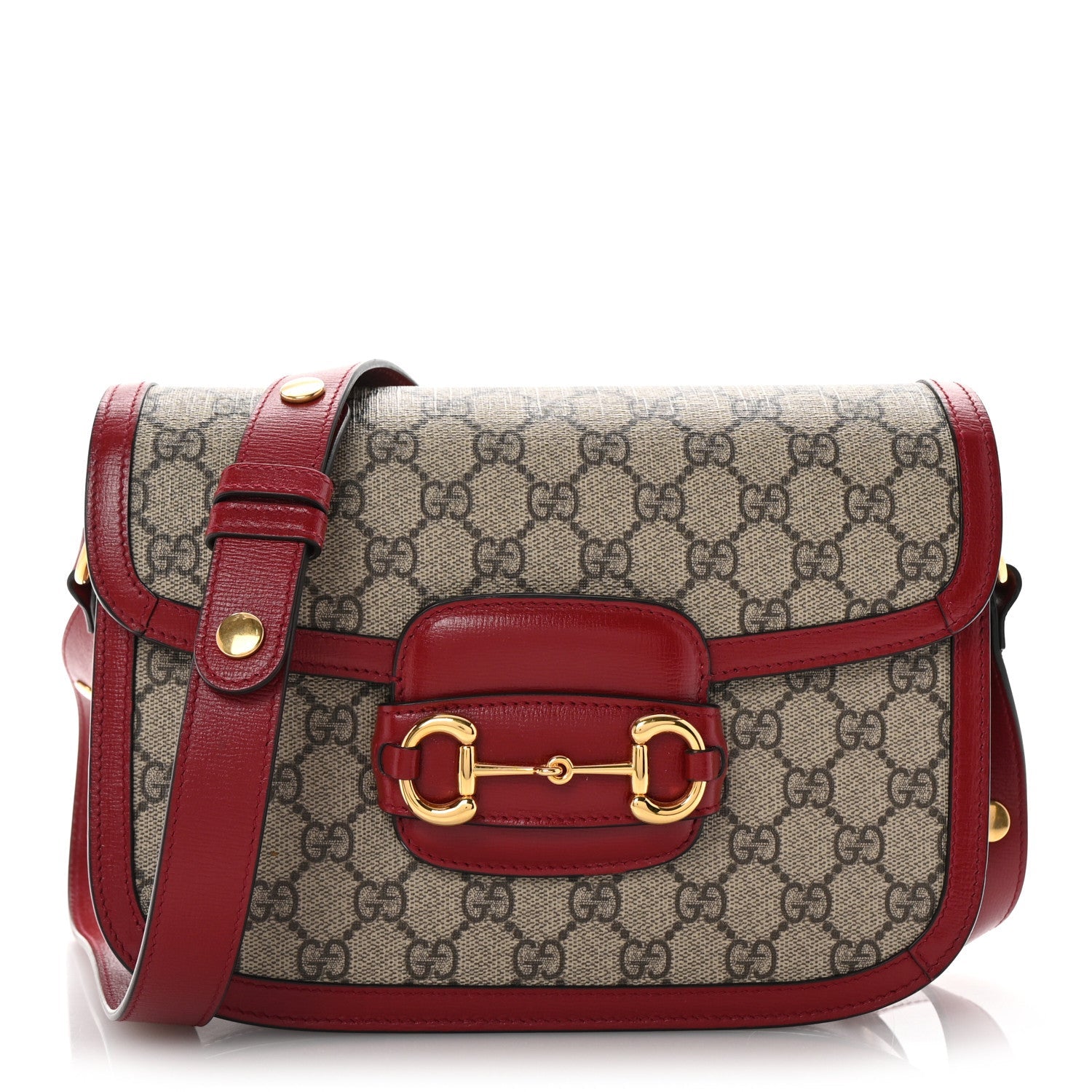 GG Supreme Monogram Azalea Calfskin Horsebit 1955 Shoulder Bag Beige Ebony New Cherry Red