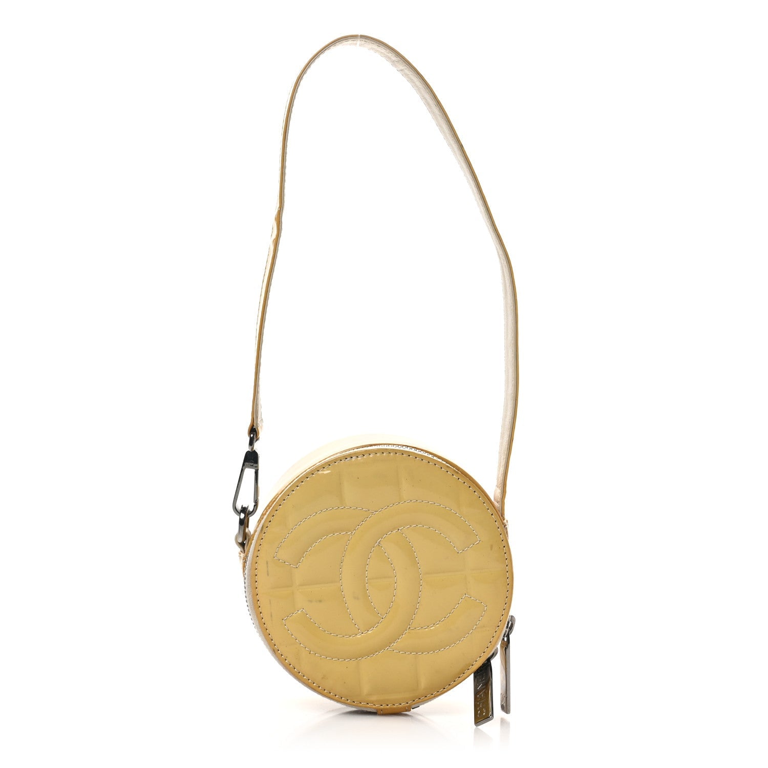 Patent Quilted CC Chocolate Bar Round Shoulder Bag Yellow