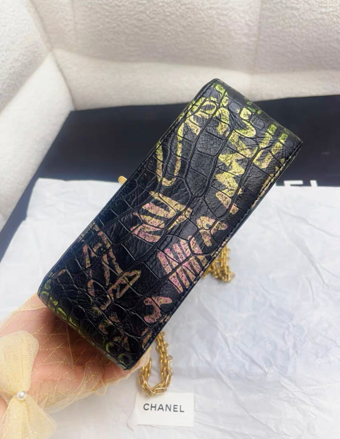 CHANEL 19A IRIDESCENT PINK, GREEN AND GOLD GRAFFITI PRINT BLACK CROCODILE 2.55 MINI CLASSIC FLAP BAG