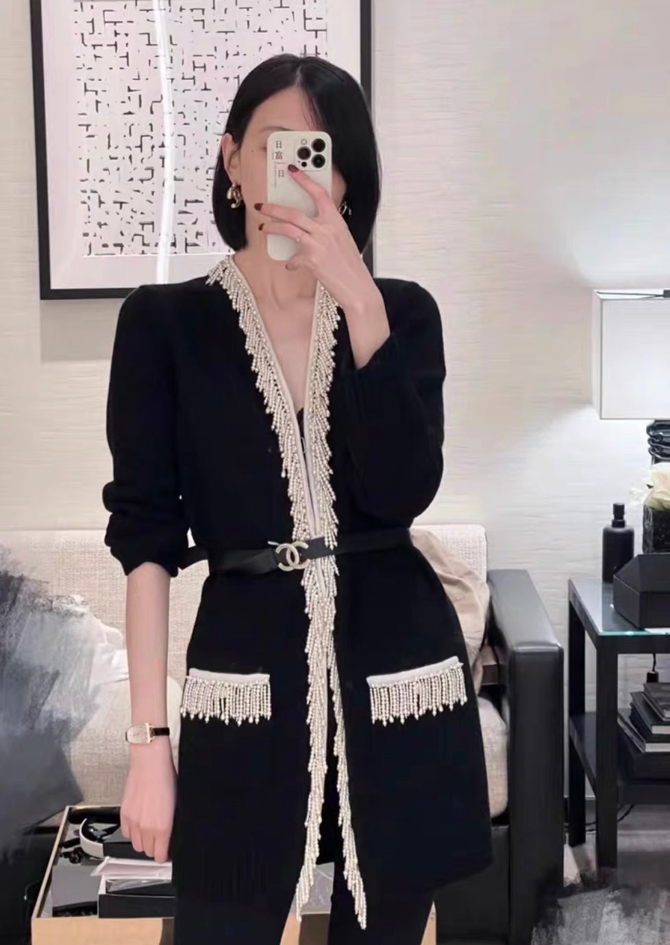 Chanel 21k Black & Ecru igan with Pearl fringe size 36