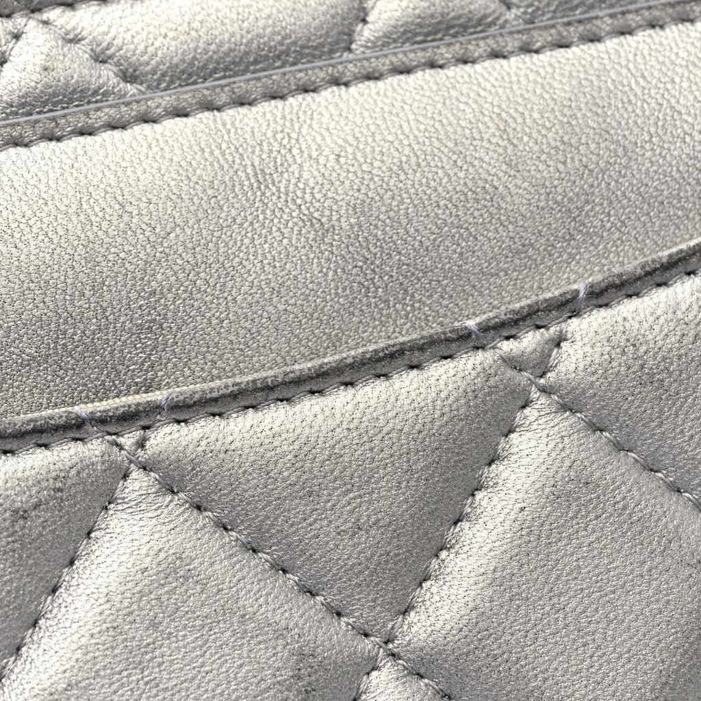 Metallic Lambskin Quilted Clutch With Chain Silver