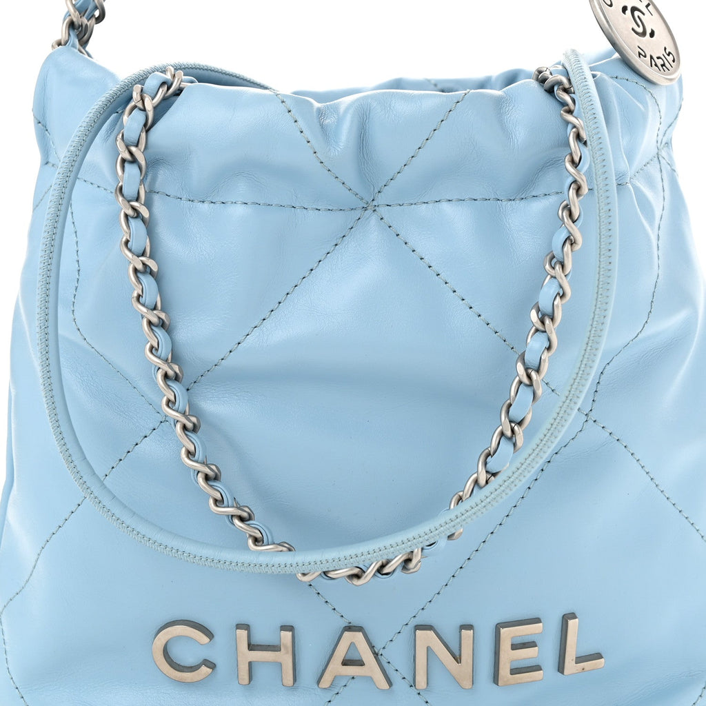 Shiny Calfskin Quilted Mini Chanel 22 Light Blue