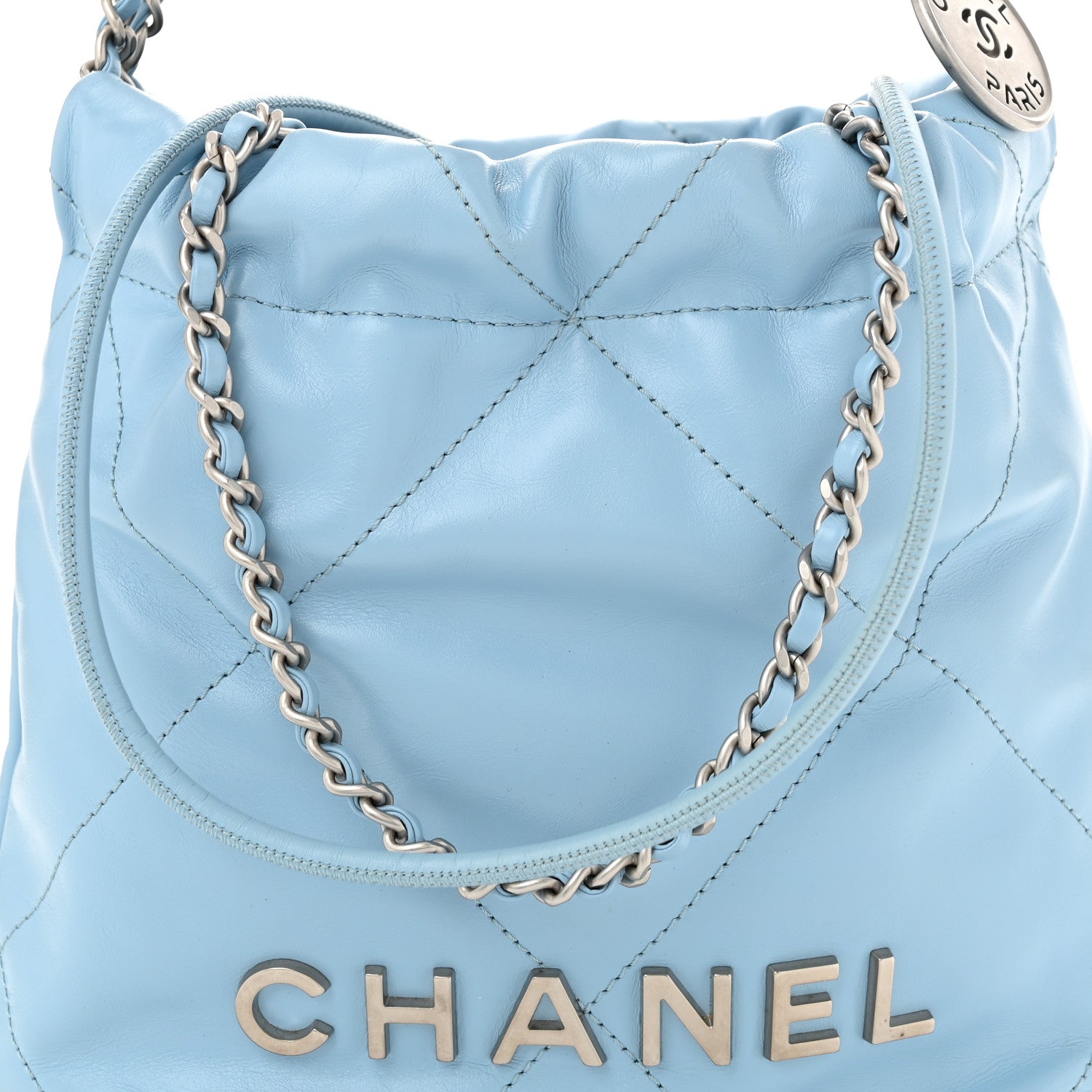 Shiny Calfskin Quilted Mini Chanel 22 Light Blue