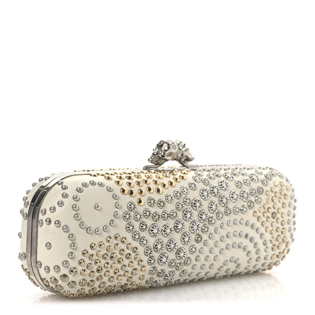 Nappa Studded Twin Skull Box Clutch Ivory