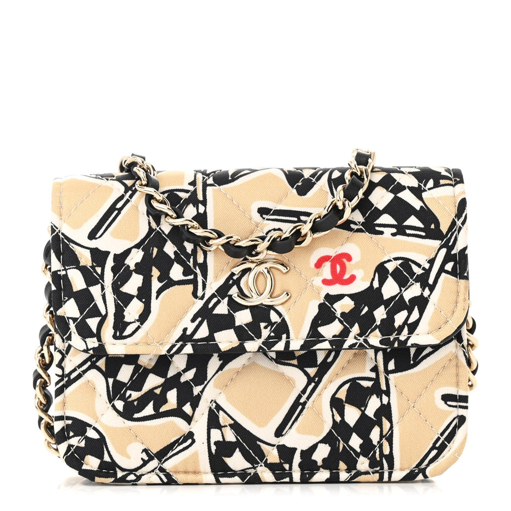 Canvas Check Flag Printed CC Clutch With Chain Beige Multicolor