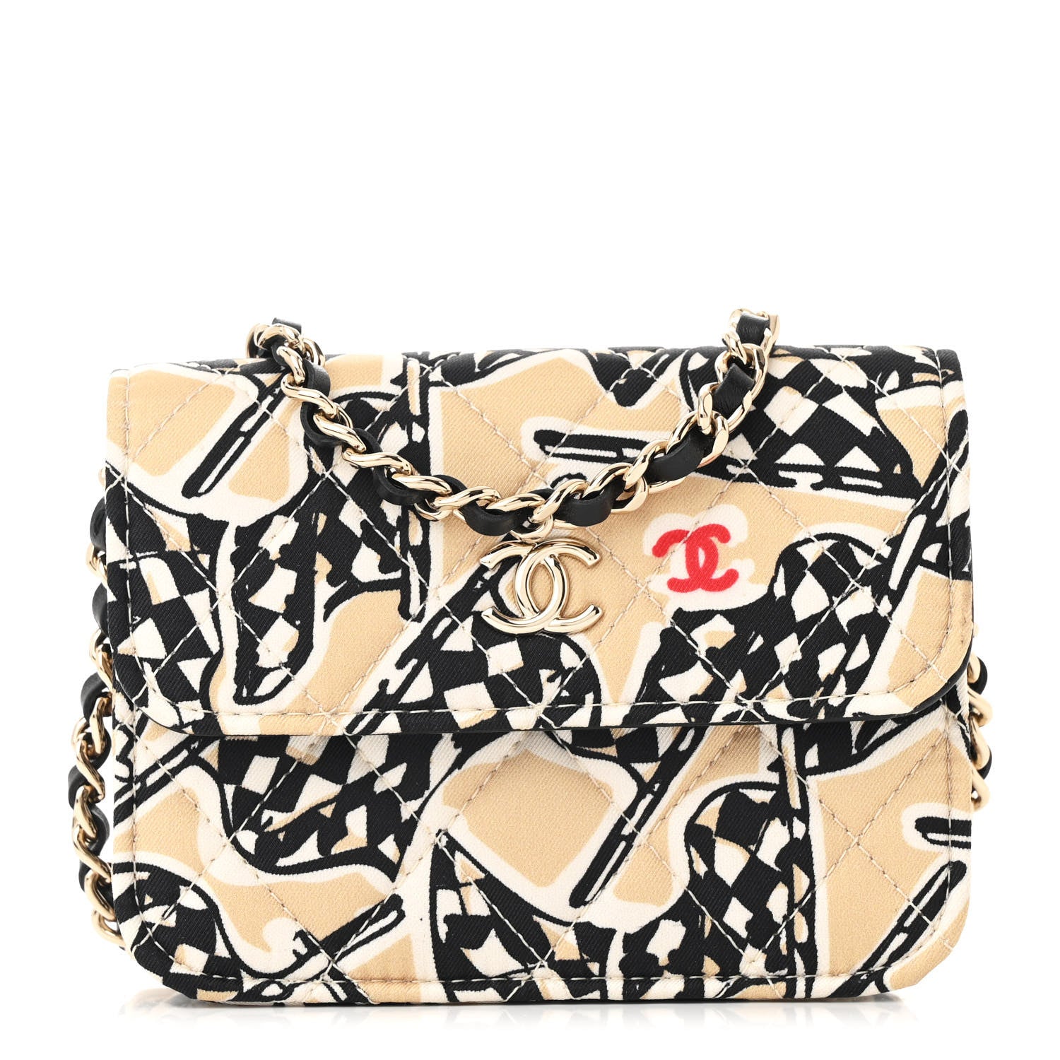 Canvas Check Flag Printed CC Clutch With Chain Beige Multicolor