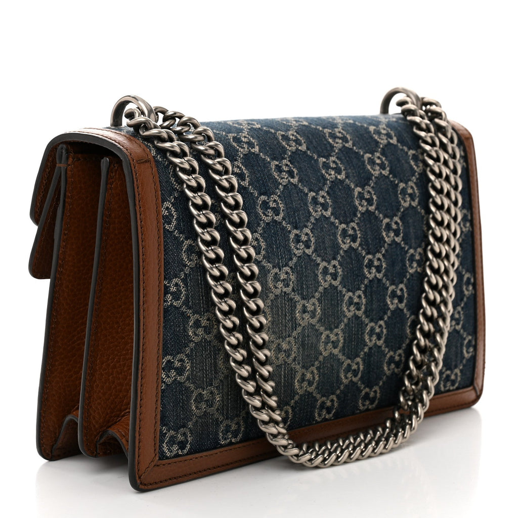 New Denim GG Monogram Dollar Calfskin Enamel Small Dionysus Shoulder Bag Blue Tea Cuir Epilog Electric Blue
