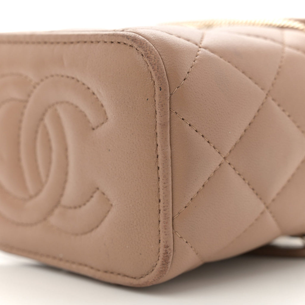 Lambskin Quilted Top Handle Mini Vanity Case With Chain Beige