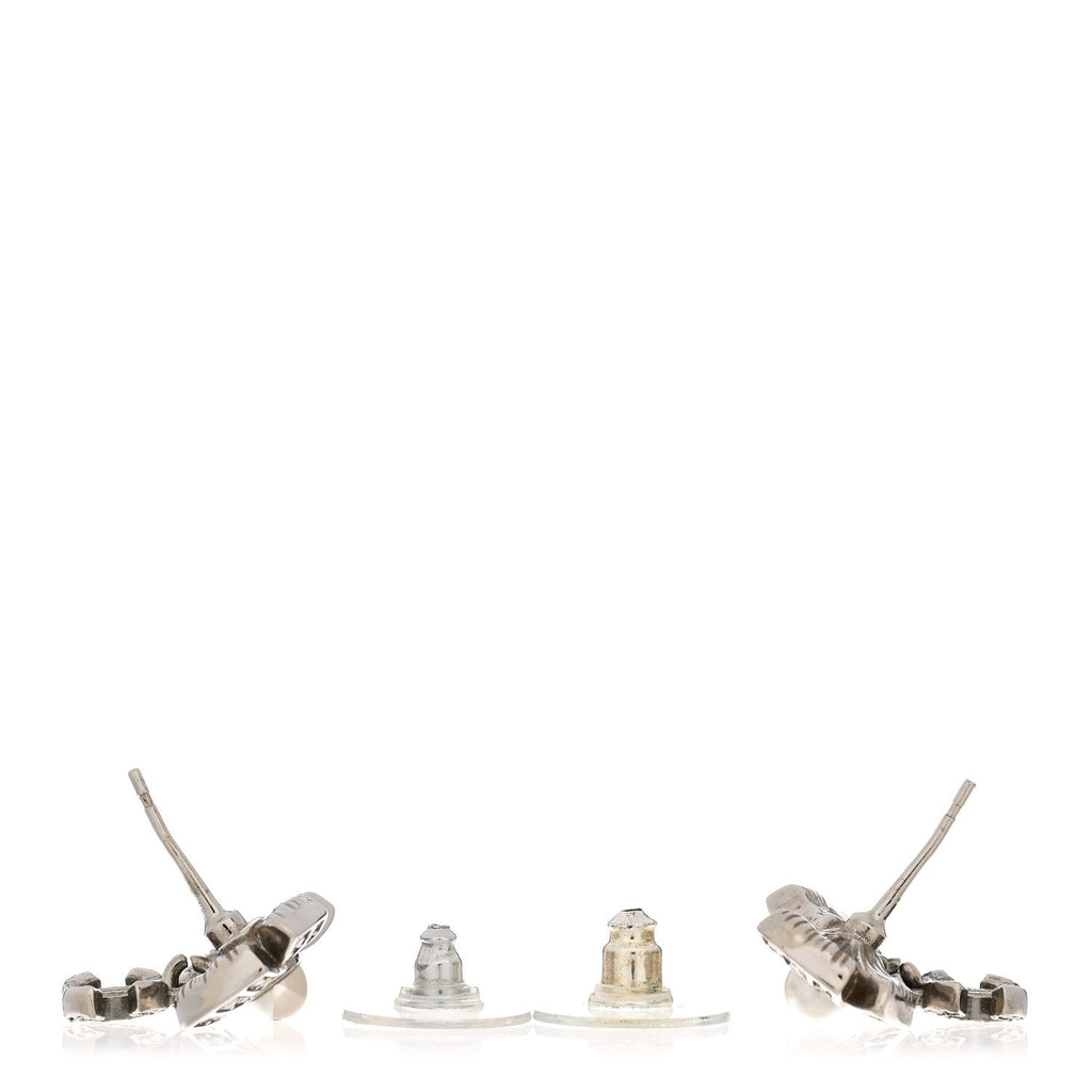 Crystal Pearl Bow CC Drop Earrings Silver