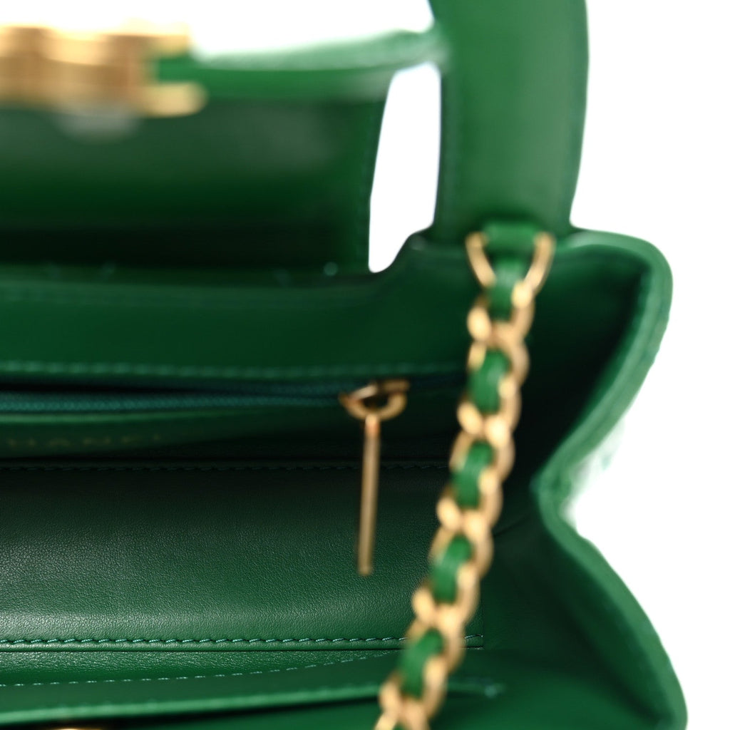 Shiny Aged Calfskin Quilted Nano Kelly Shopper Green