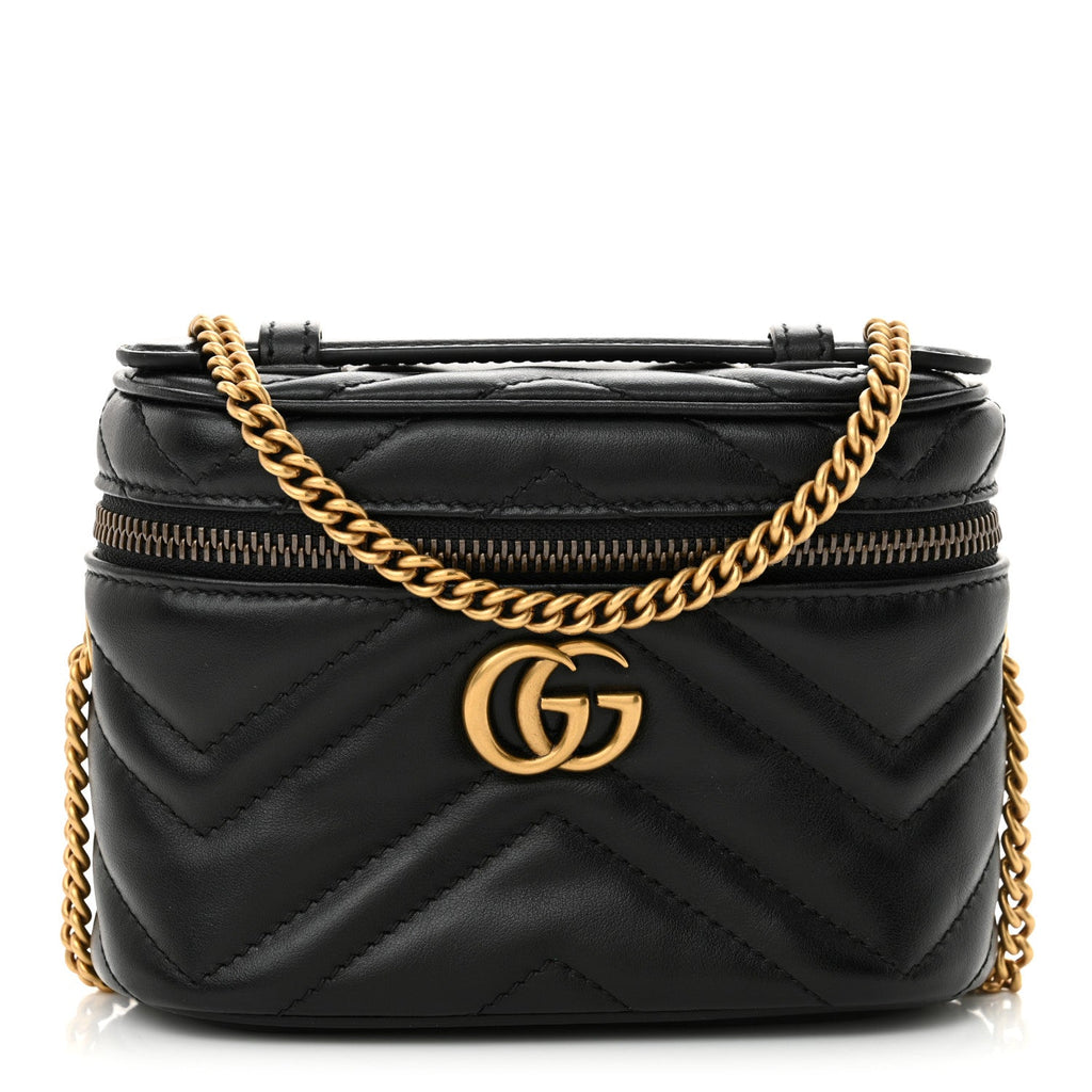 Calfskin Matelasse Chevron Mini GG Marmont Top Handle Bag Black