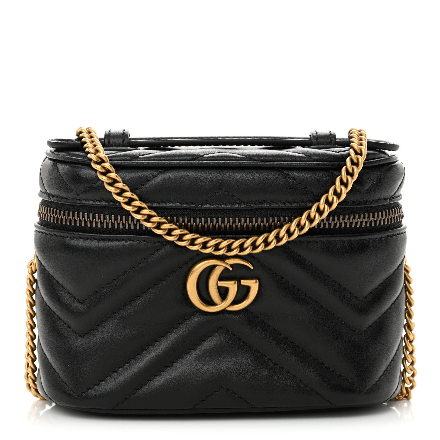 Calfskin Matelasse Chevron Mini GG Marmont Top Handle Bag Black