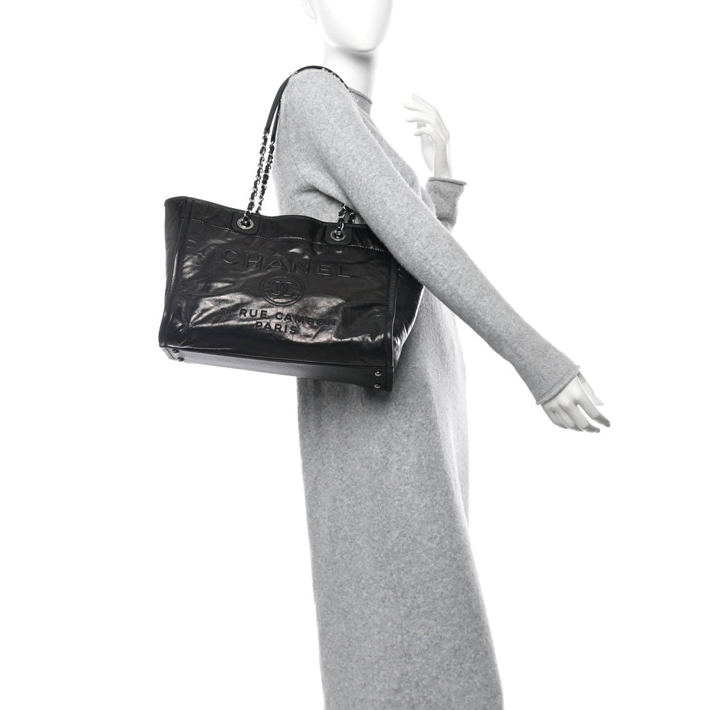 Glazed Calfskin Small Deauville Tote Black