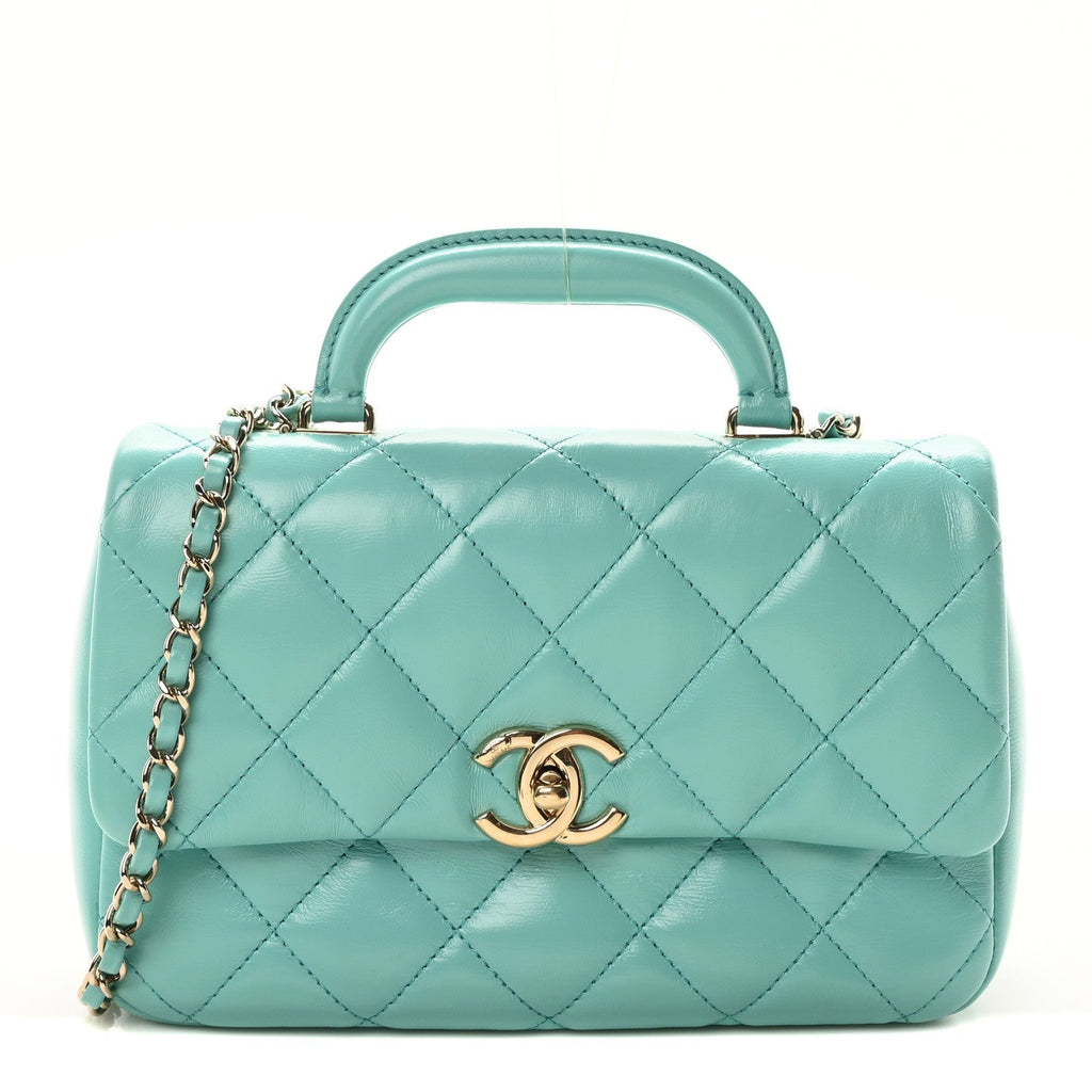 Shiny Lambskin Quilted Coco Trip Flap Bag Turquoise