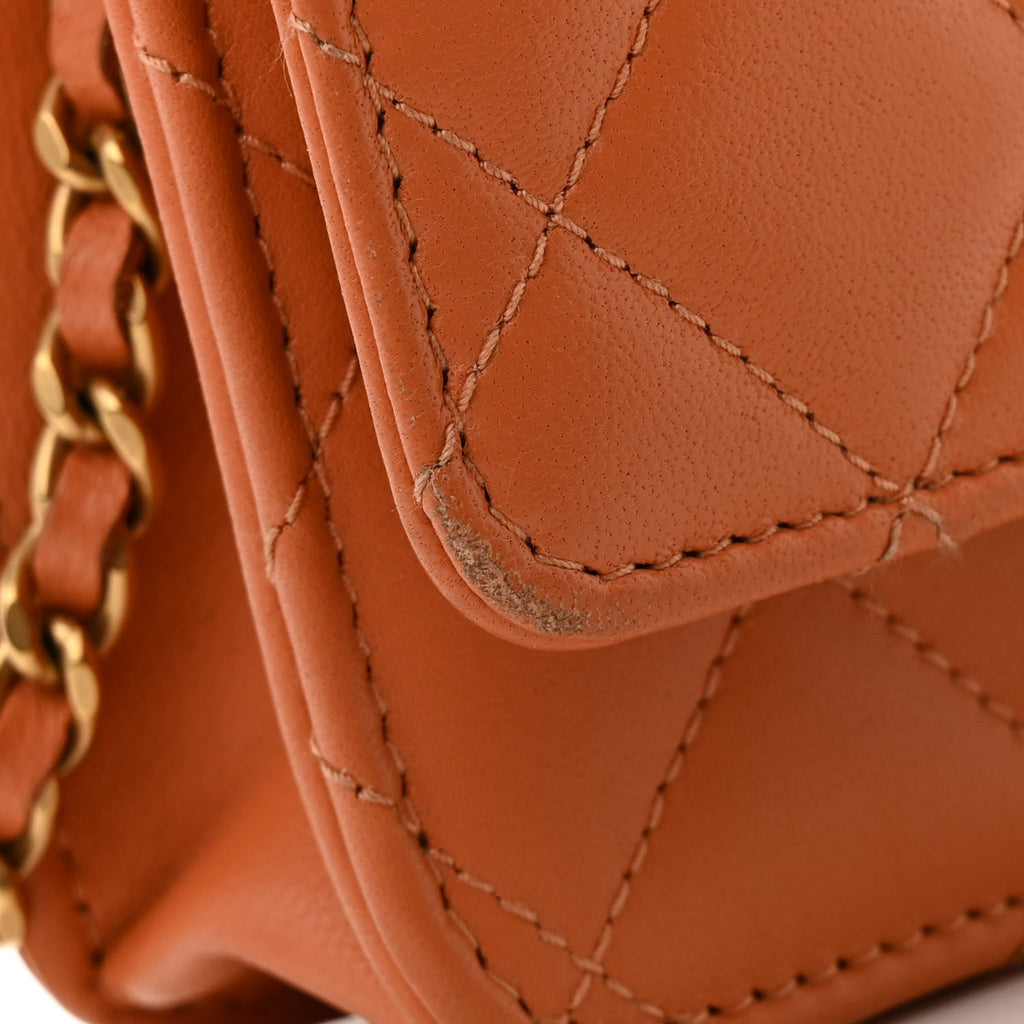 Lambskin Quilted Studded CC Wallet On Chain WOC Orange