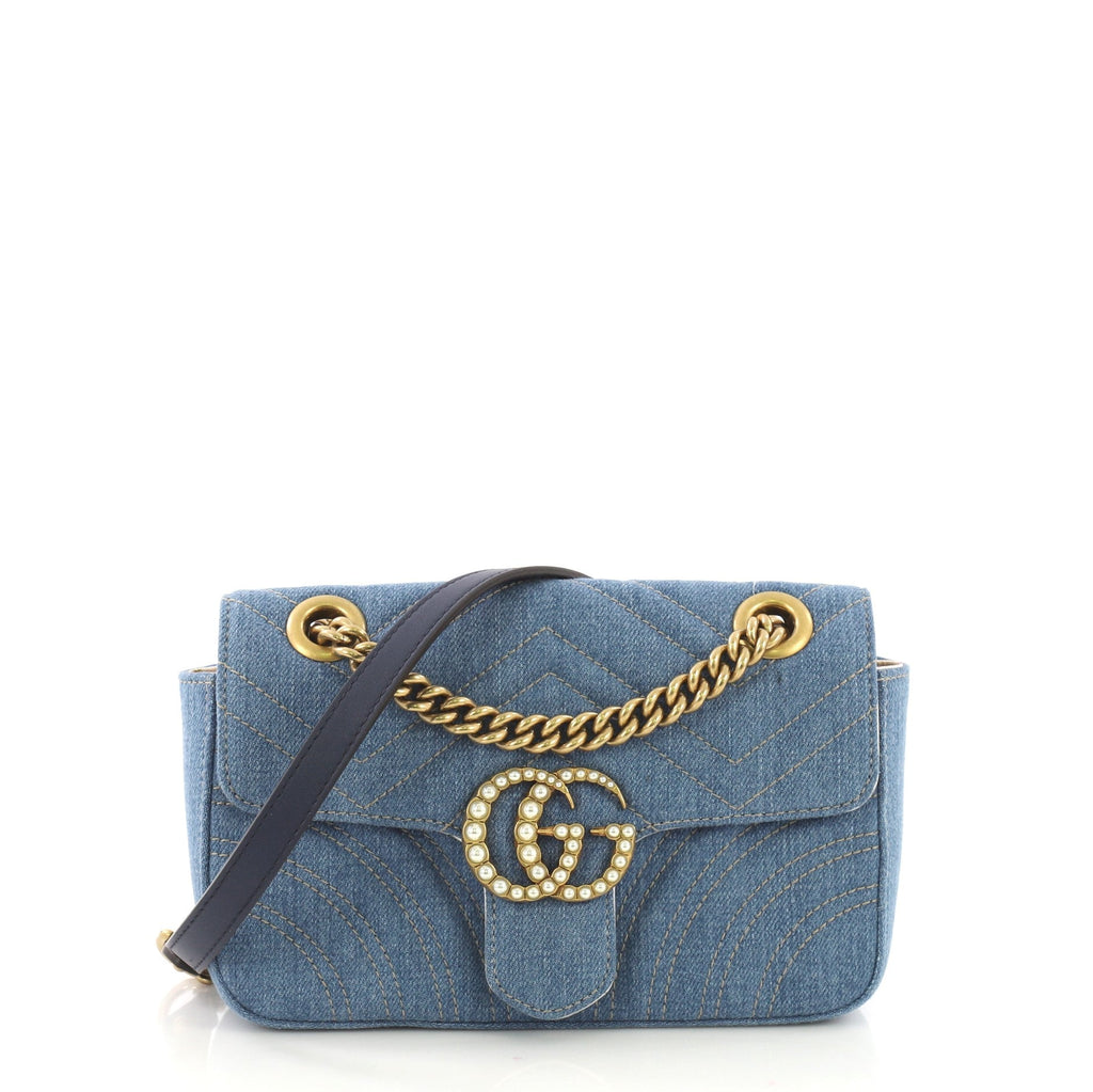 Pearly GG Marmont Flap Bag Matelasse Denim Mini