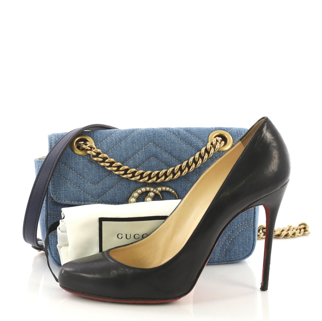 Pearly GG Marmont Flap Bag Matelasse Denim Mini