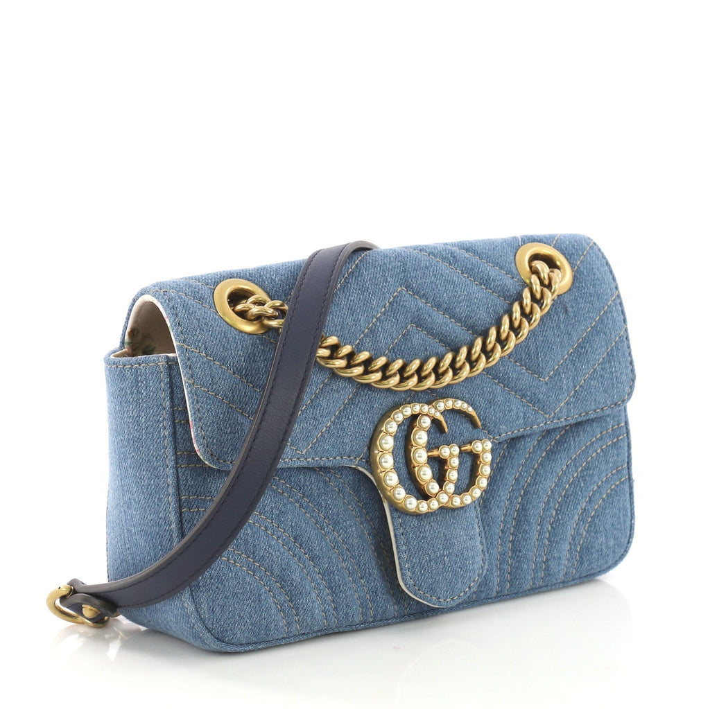 Pearly GG Marmont Flap Bag Matelasse Denim Mini