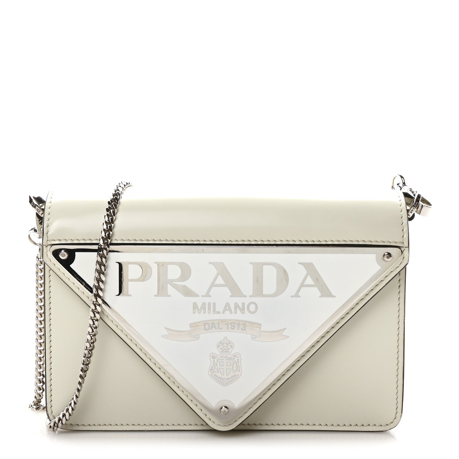 Spazzolato Triangle Logo Plate Flap Chain Crossbody Bag White