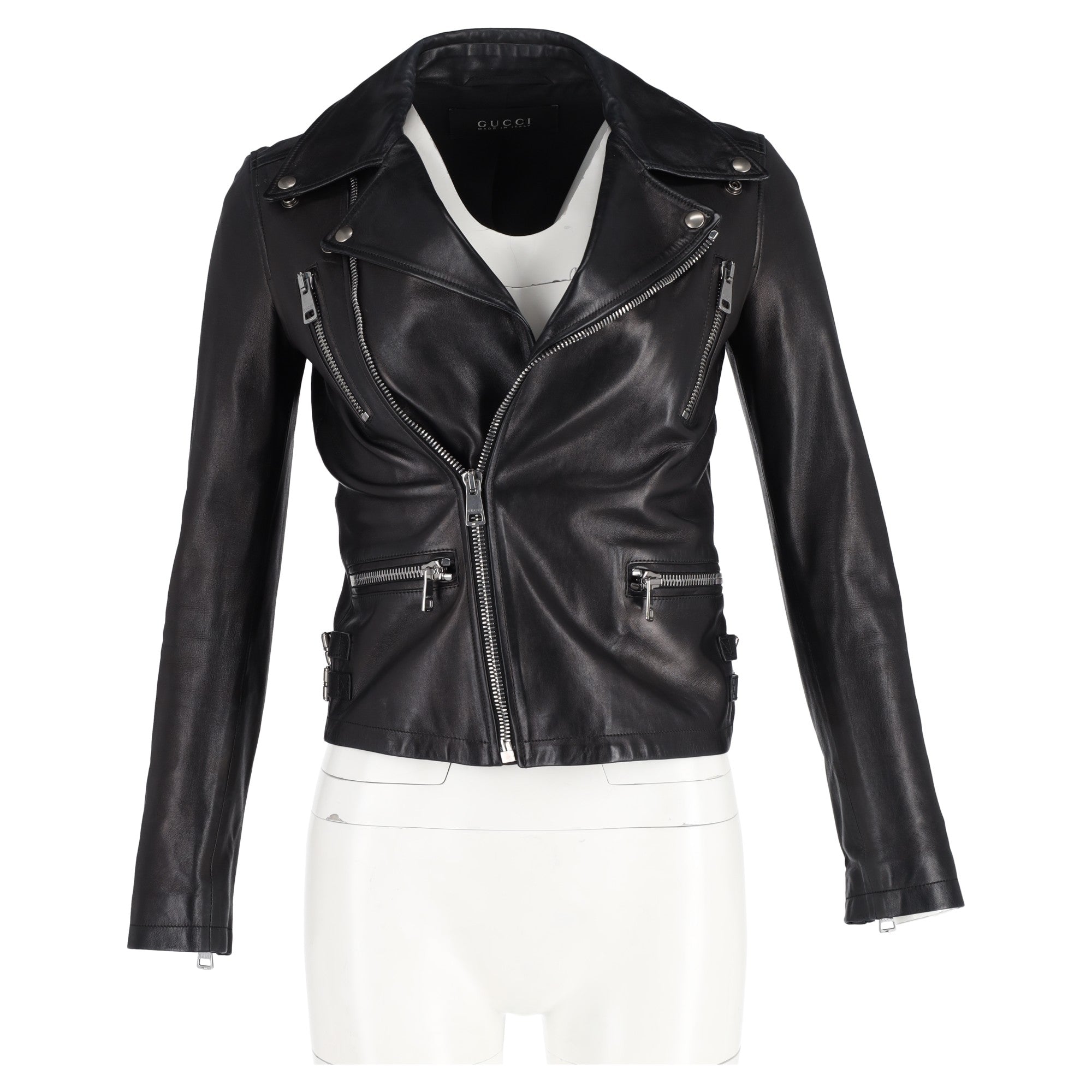 Gucci Bird-Embroidered Biker Jacket in Black Leather