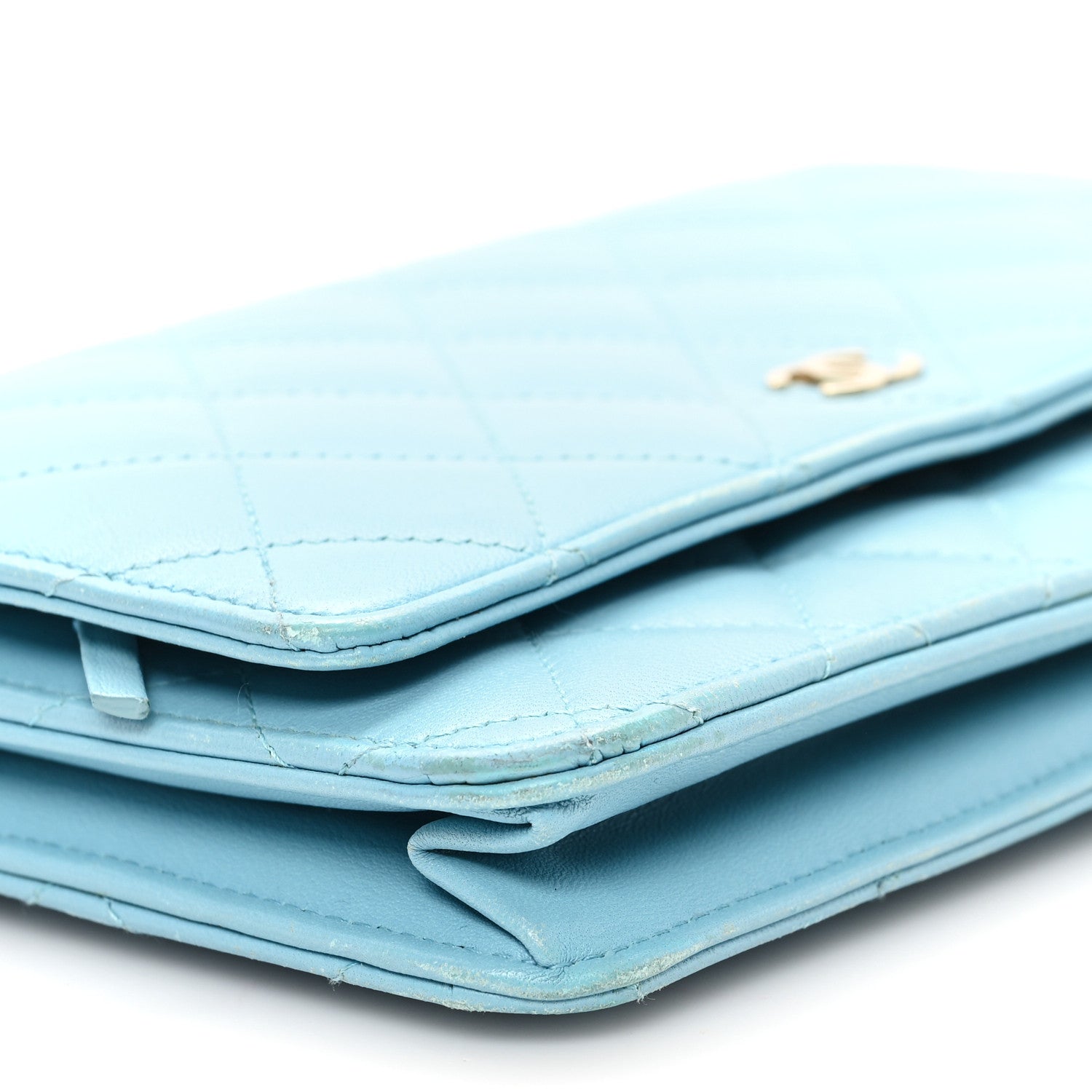 Lambskin Quilted Mini Wallet On Chain WOC Light Blue