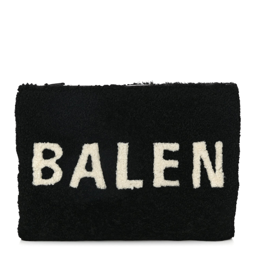 Sheepskin Shearling Contrasted Logo Large Zip Pouch Black